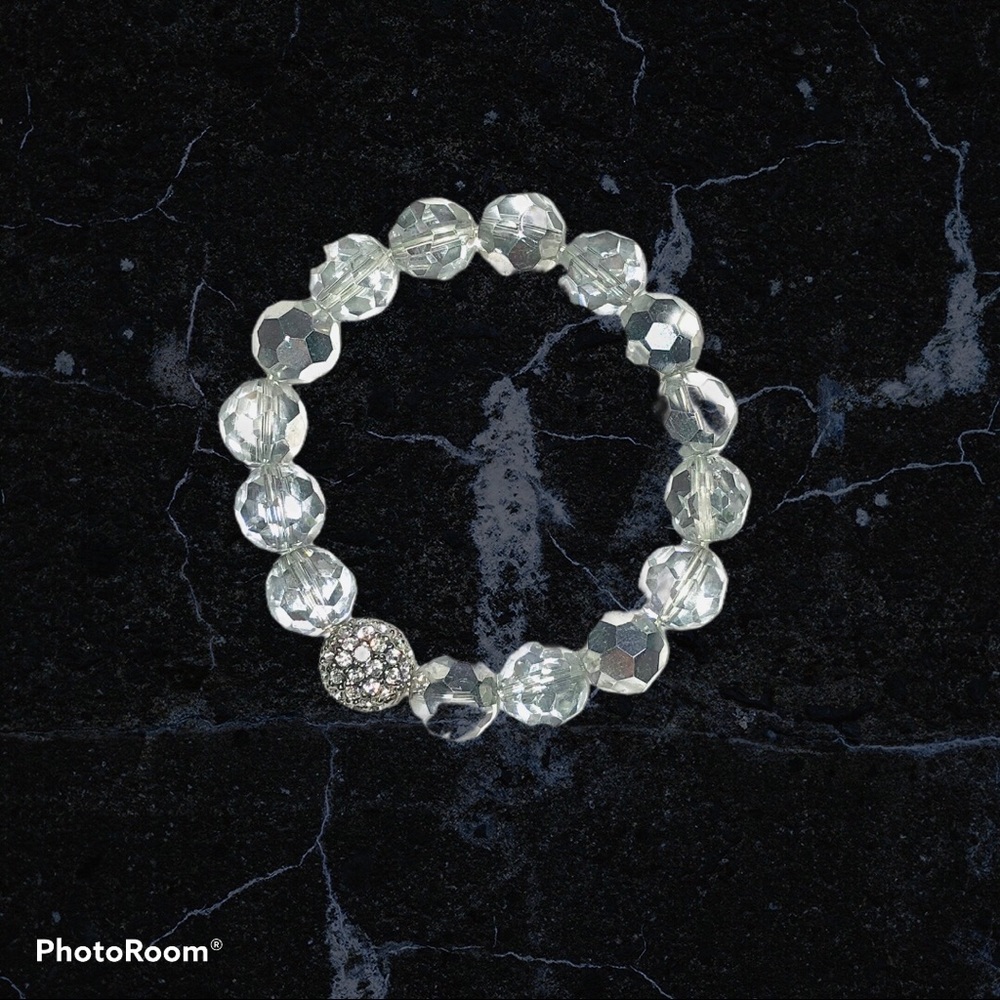 Transparent Beaded Cut Crystal Bracelet Clear Stones Stretch Cuff Bangle 7” - Picture 4 of 8